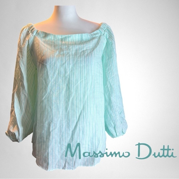Massimo Dutti Blouse Pullover Top Off Shoulder Long Sleeve Teal Striped Sz US 8 - Picture 1 of 9